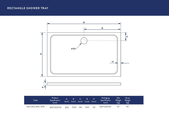 Shiren Rectangle Stone Resin Shower Tray 1200 x 700mm