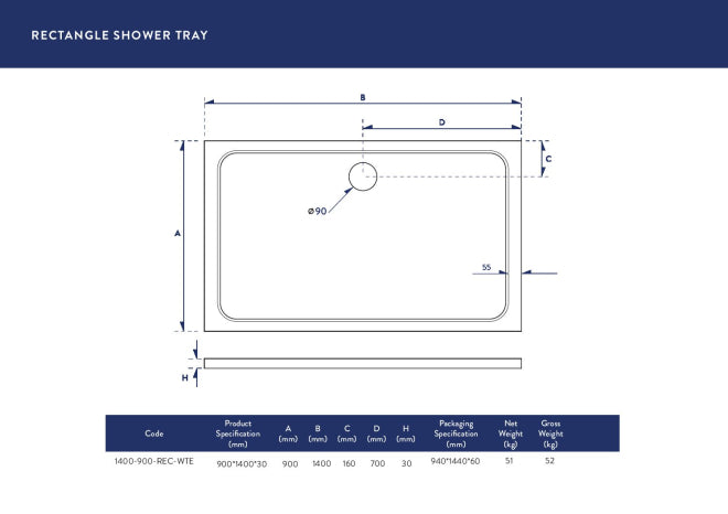 Shiren Rectangular Shower Tray 1400 X 900