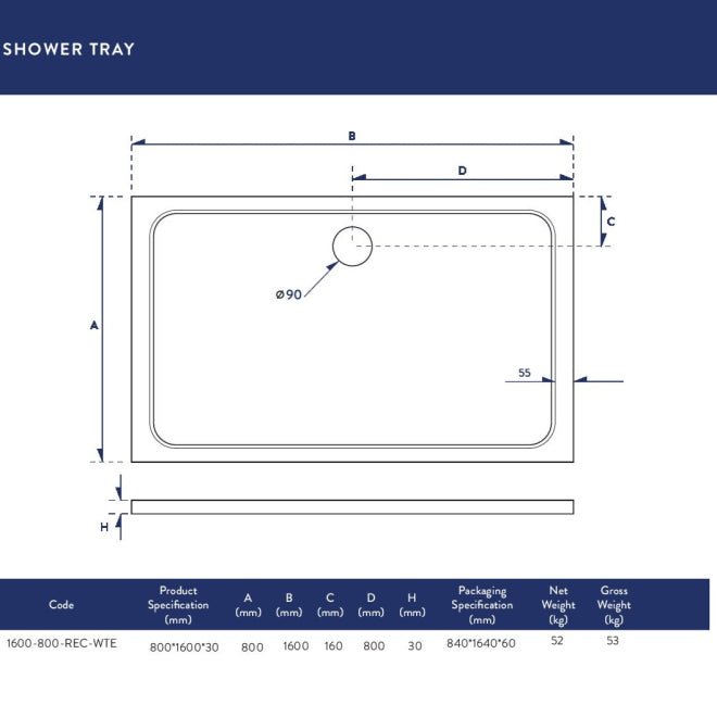 Shiren 1600 x 800mm - Rectangle Stone Resin Shower Tray
