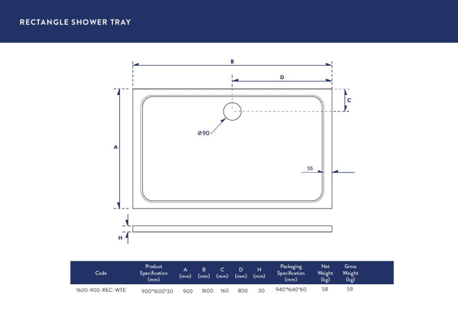 Shiren - 1600 x 900mm - Rectangle Stone Resin Shower Tray