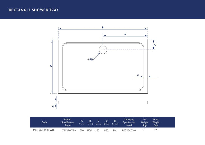 Shires - 1700 x 760mm - Rectangle Stone Resin Shower Tray