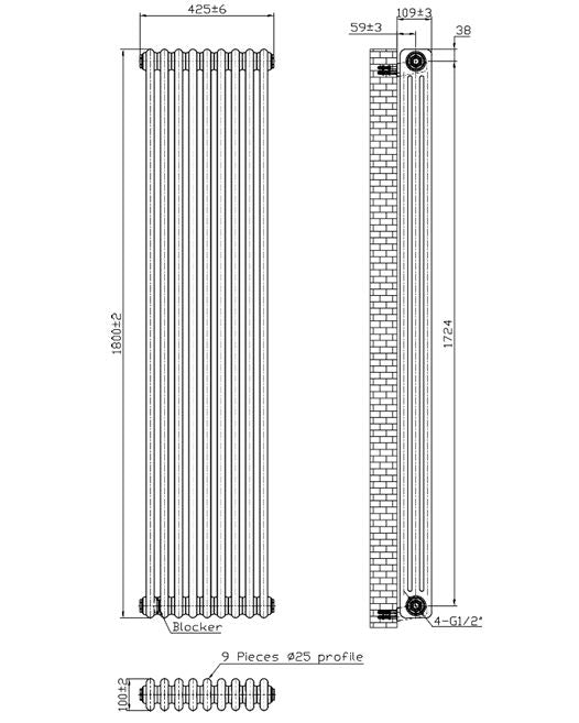 Vertical 3 Column Designer Radiator – 1800 X 425 - White