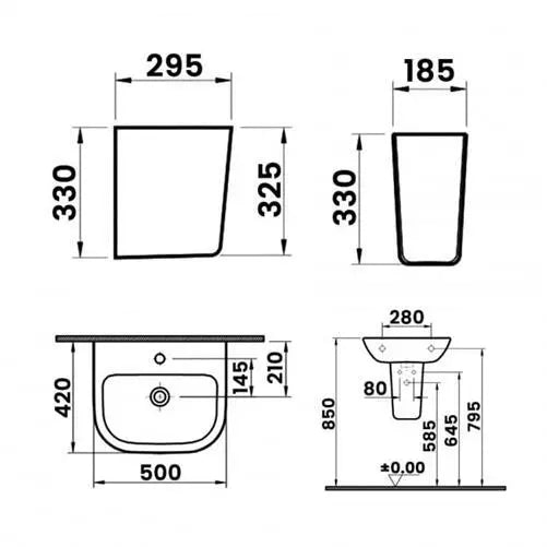 Vitra S20 Cloakroom Basin and Small Semi Pedestal 500mm Wide 1 Tap Hole