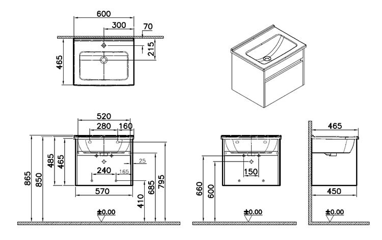 VitrA S50 Gloss White 600mm Wall Hung 1-Drawer Vanity Unit inc Basin