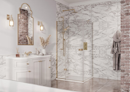 Athens Dawn 900mm Hinged Door with 800 Side Panel Brushed Brass