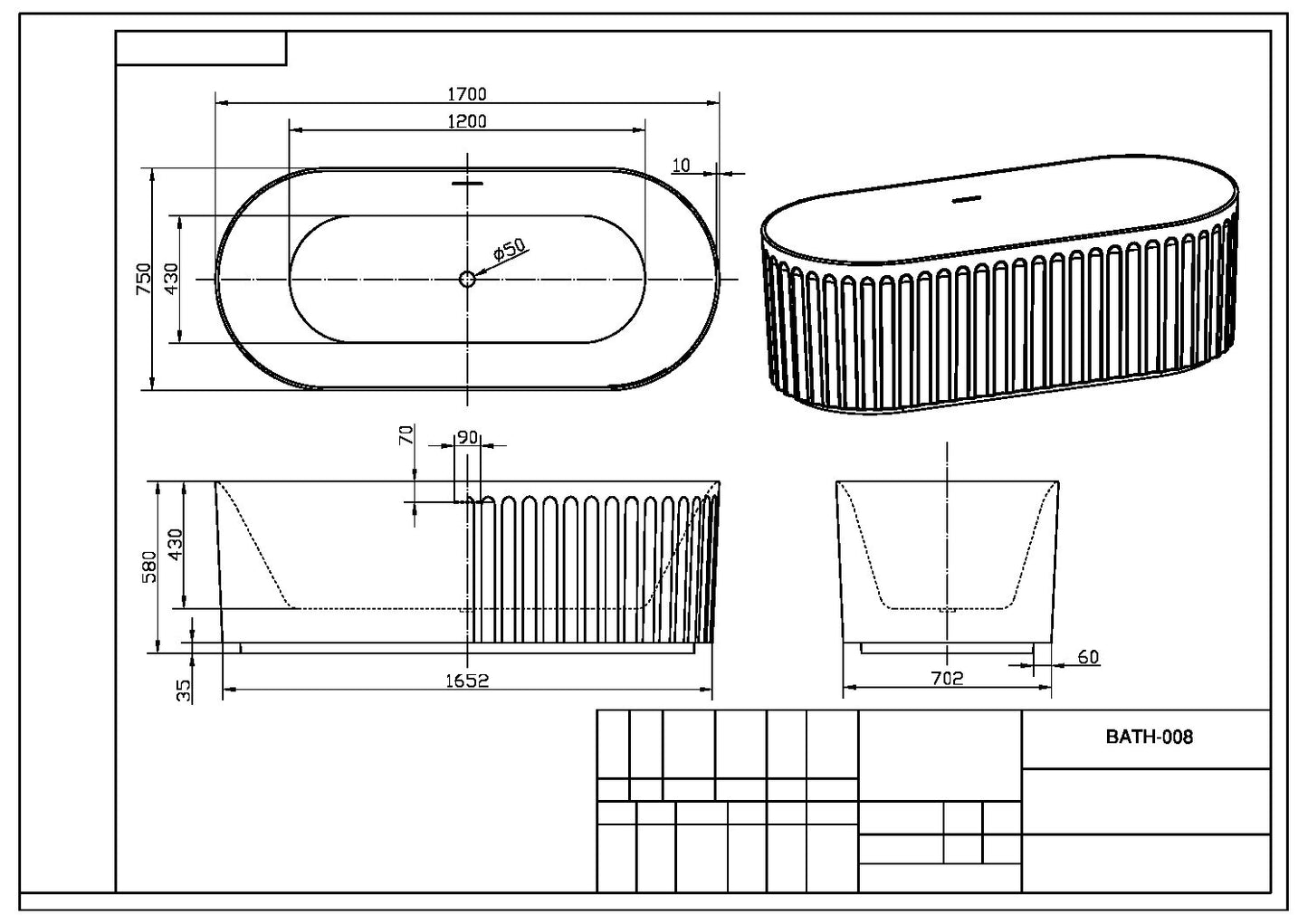 Lira white oval grooved bath