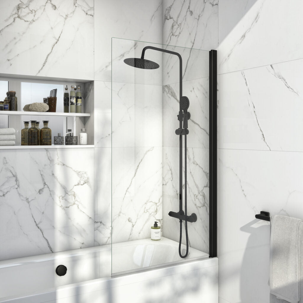 Modern Bathroom Suite Black Shower Screen, Matt Black Shower Kit, Bath Filler Basin Tap Set & Wastes