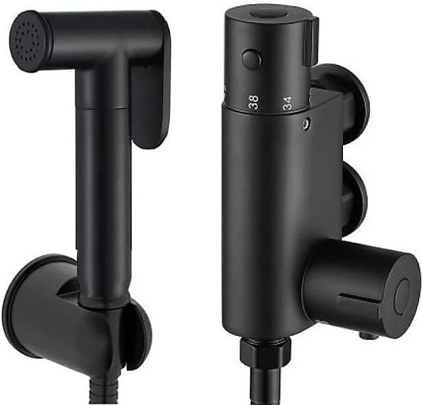 Matt Black Thermostatic Douche Shattaf Valve, Handheld Spray and Concealed Wallplate
