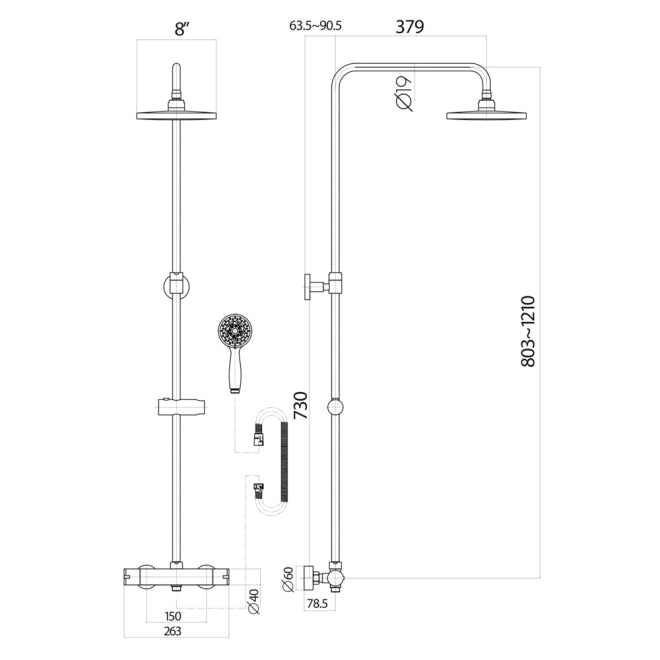 Brushed Brass Overhead Thermostatic Rigid Riser Shower Kit
