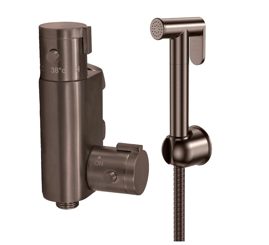 Brushed Bronze Thermostatic Douche Shattaf Valve, Handheld Spray and Concealed Wallplate