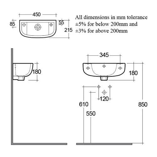 RAK Compact Cloakroom Basin 450mm Wide - 1 LH Tap Hole