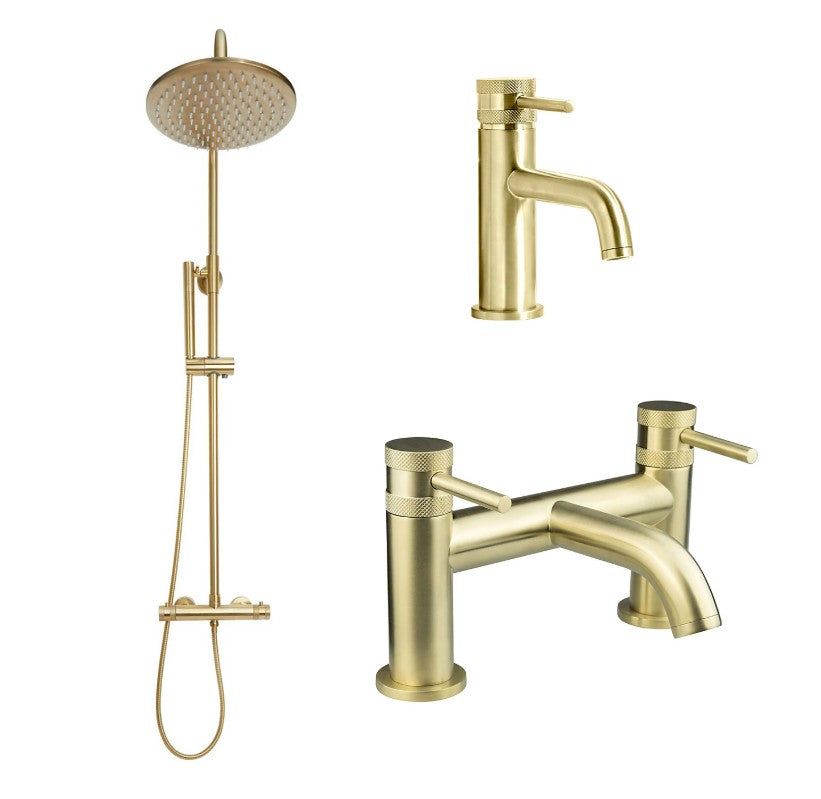 Apres Brushed Brass Thermostatic Shower Kit Basin & Bath Filler Mixer Tap Diamond Cut Handles