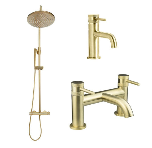 Apres Brushed Brass Thermostatic Shower Kit Basin & Bath Filler Mixer Tap Diamond Cut Handles
