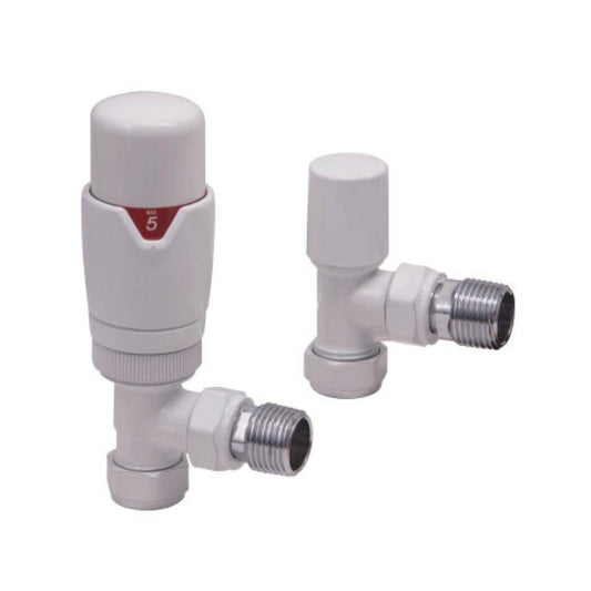 White Angled TRV Radiator Valves Twin Pack - Energy Saving