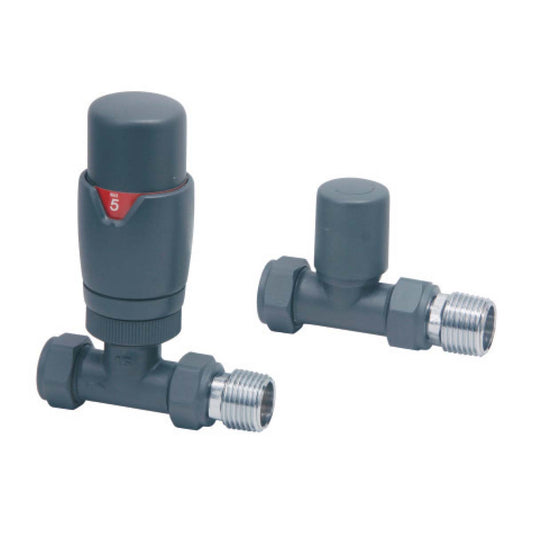 Anthracite Straight TRV Radiator Valves Twin Pack - Energy Saving