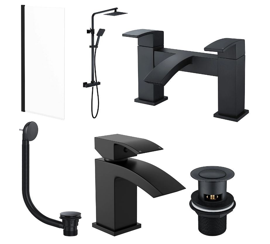 Modern Bathroom Suite Black Shower Screen, Matt Black Shower Kit, Bath Filler Basin Tap Set & Wastes