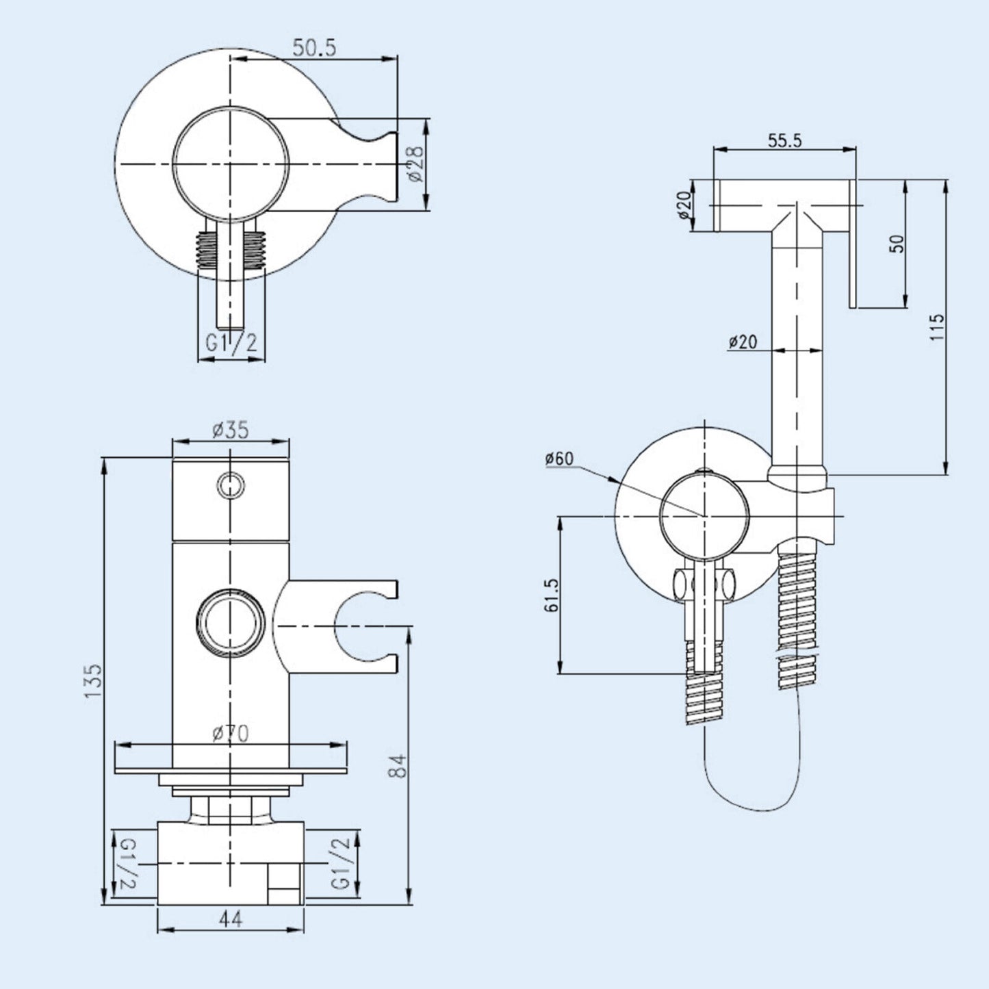 Douche Handset, Flexi, Holder and Outlet Elbow Brushed Brass
