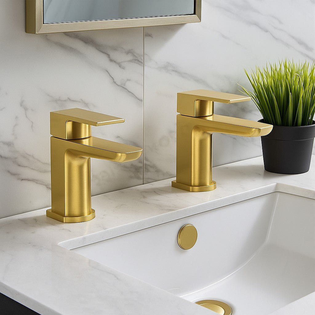 Mura Brushed Brass Basin Taps (Pair) Hot and Cold