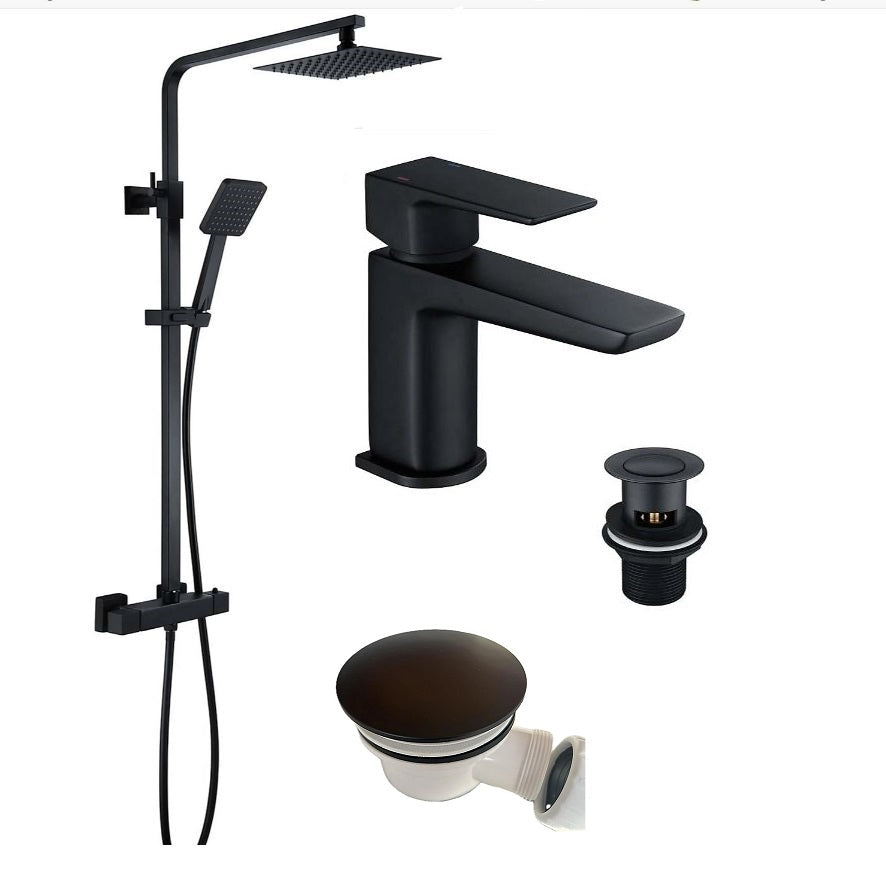Matt Black Square Thermostatic Overhead Shower Kit with Basin Tap and Shower Tray Waste