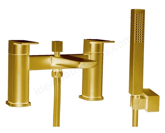 Brushed Brass Shower Kit Rigid Riser Over Head Rainfall & Brushed Brass Tap Pack with Bath Shower Mixer