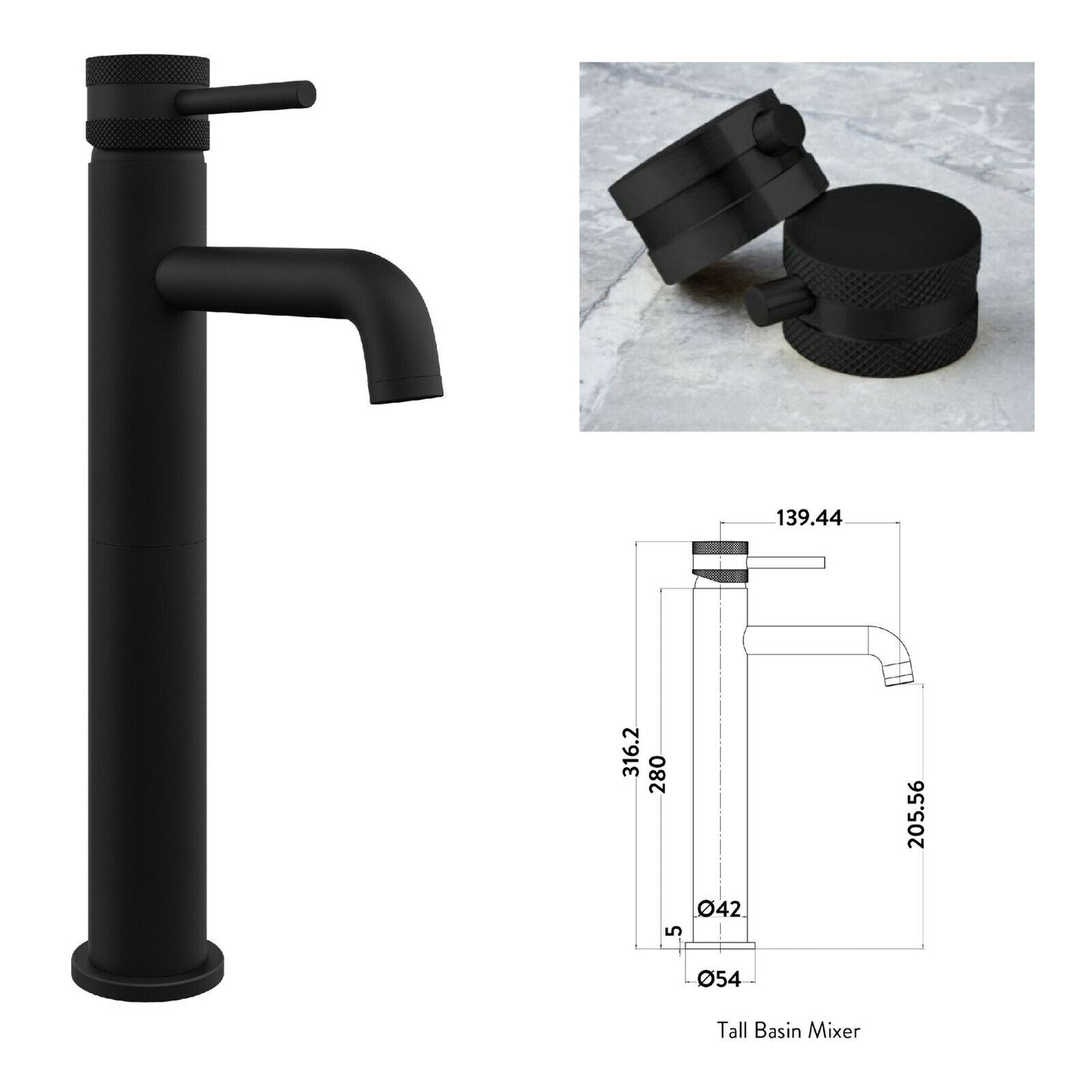 Apres Tall Mono Basin Mixer Tap Matt Black