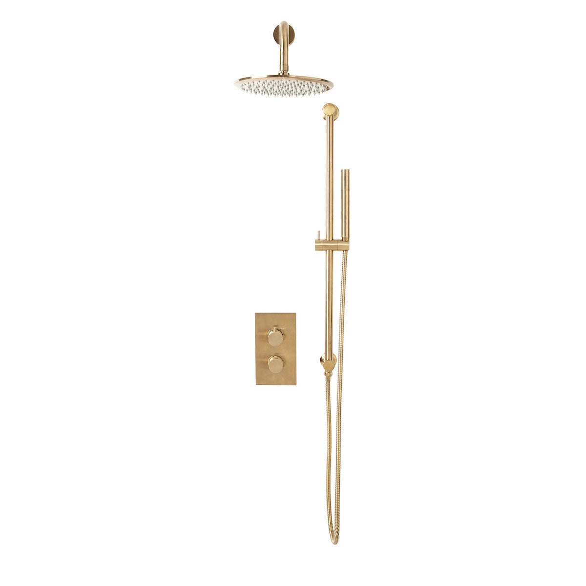 Apres Brushed Brass Round Shower - Fixed Shower Head & Handset Riser Kit