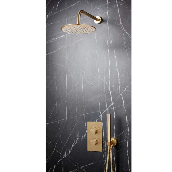 Apres Brushed Brass Built in Shower Valve Round Wall & Fixed Head