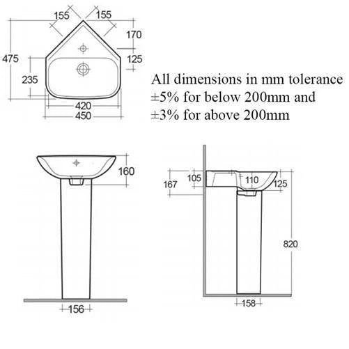 RAK Origin 62 Corner Basin and Full Pedestal 450mm Wide - 1 Tap Hole
