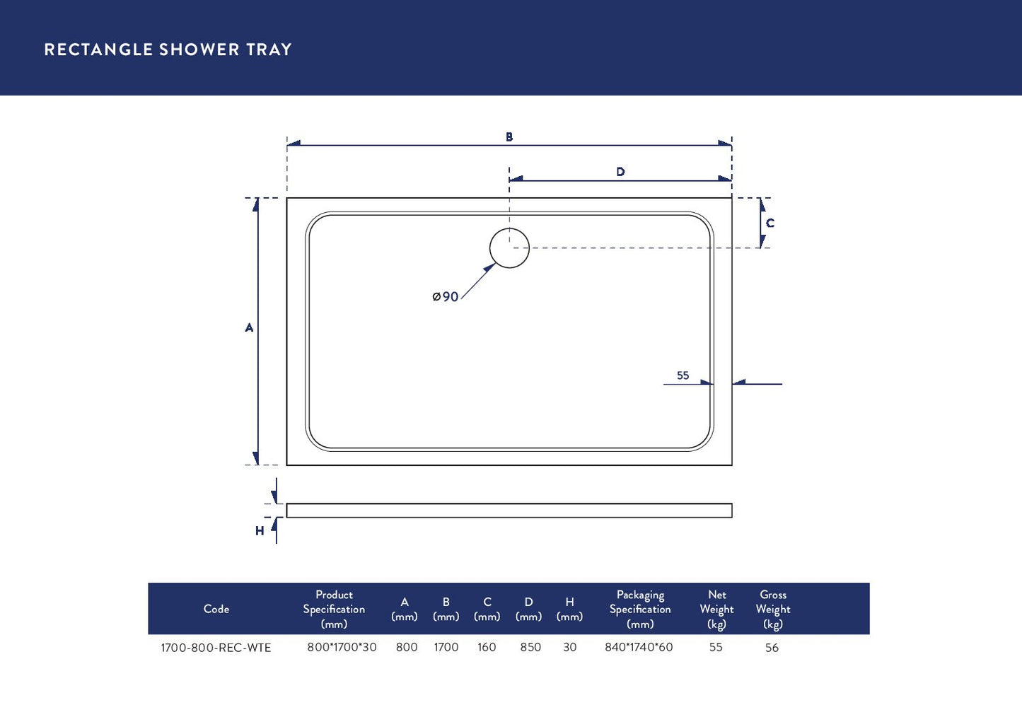 Rectangle Stone Resin Shower Tray 1700 x 800mm