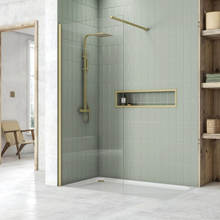 Waltham 800mm Brushed Brass Wet Room Screen 2m High 8mm Glass