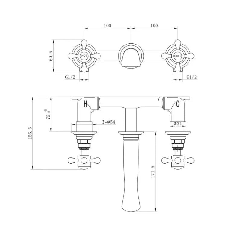 Churchwell Wall Mounted Basin Mixer Tap Brushed Brass Finish Traditional (3 Hole)