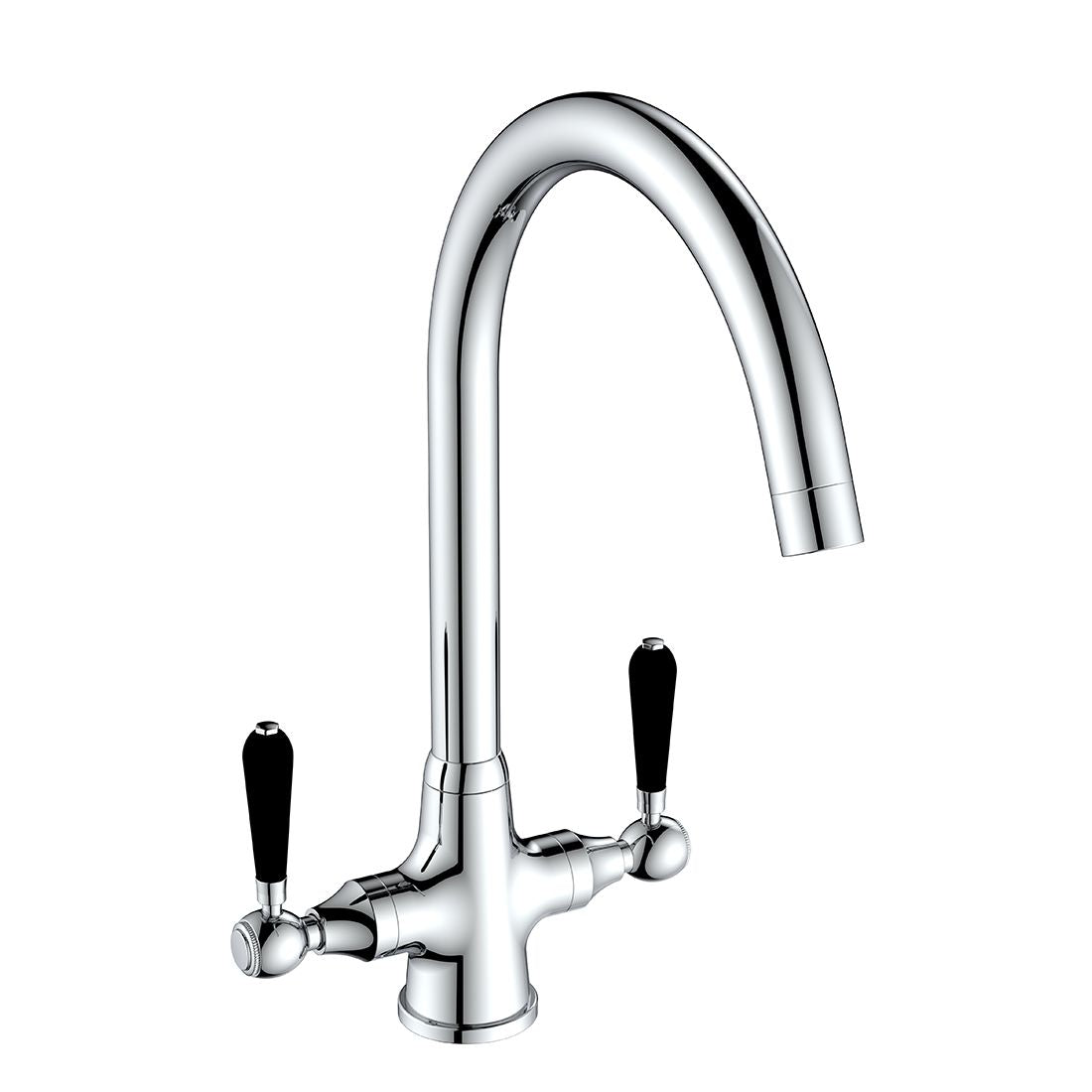 Rochester Chrome Twin Lever Black Handle Kitchen Tap Swan Neck