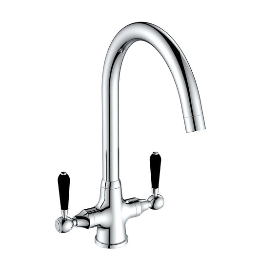 Rochester Chrome Twin Lever Black Handle Kitchen Tap Swan Neck
