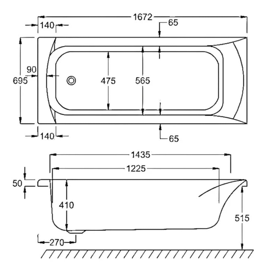 Carron Delta Single Ended Rectangular Bath 1675mm x 700mm - 5mm Acrylic