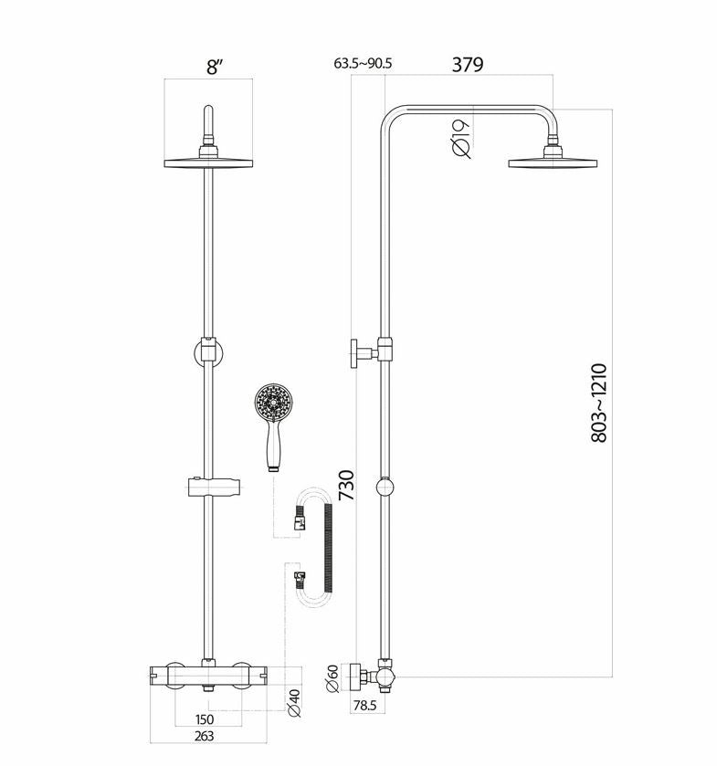 Thermostatic Bar Mixer Shower Kit Rigid Riser Round Brushed Brass Adjustable Bathroom Shower