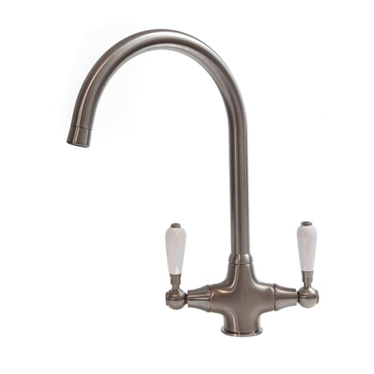 Rochester Brushed Nickel Twin Lever White Handle Kitchen Tap Swan Neck