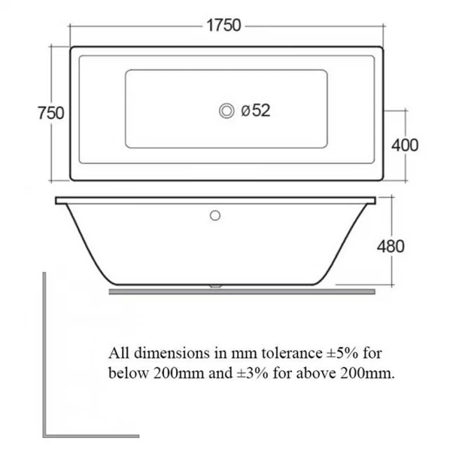 RAK Evolution Double Ended Rectangular Bath 1750mm x 750mm - Acrylic (inc Leg Set)