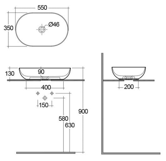 RAK Feeling 550 x 350mm 0TH Oval Counter Top Basin