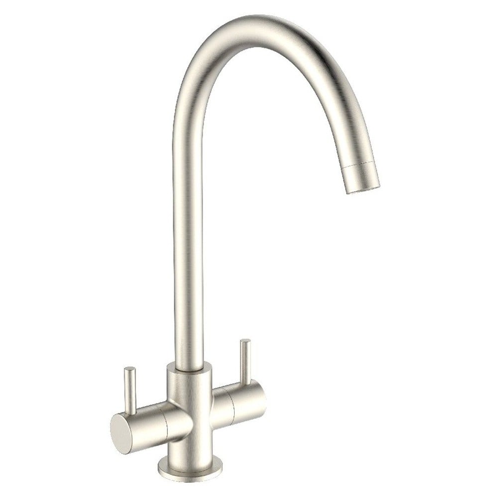 Evolution Brushed Nickel Twin Lever Kitchen Mixer Swan Neck