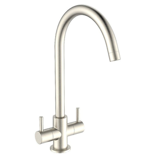 Evolution Brushed Nickel Twin Lever Kitchen Mixer Swan Neck