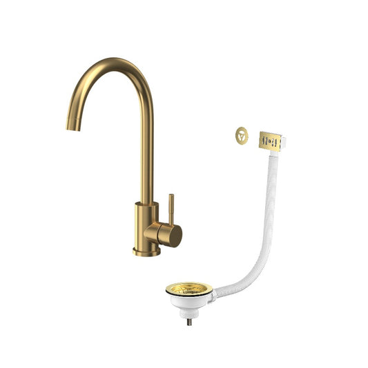 Bronx Brushed Brass Mono Kitchen Tap with Waste and Overflow Covers