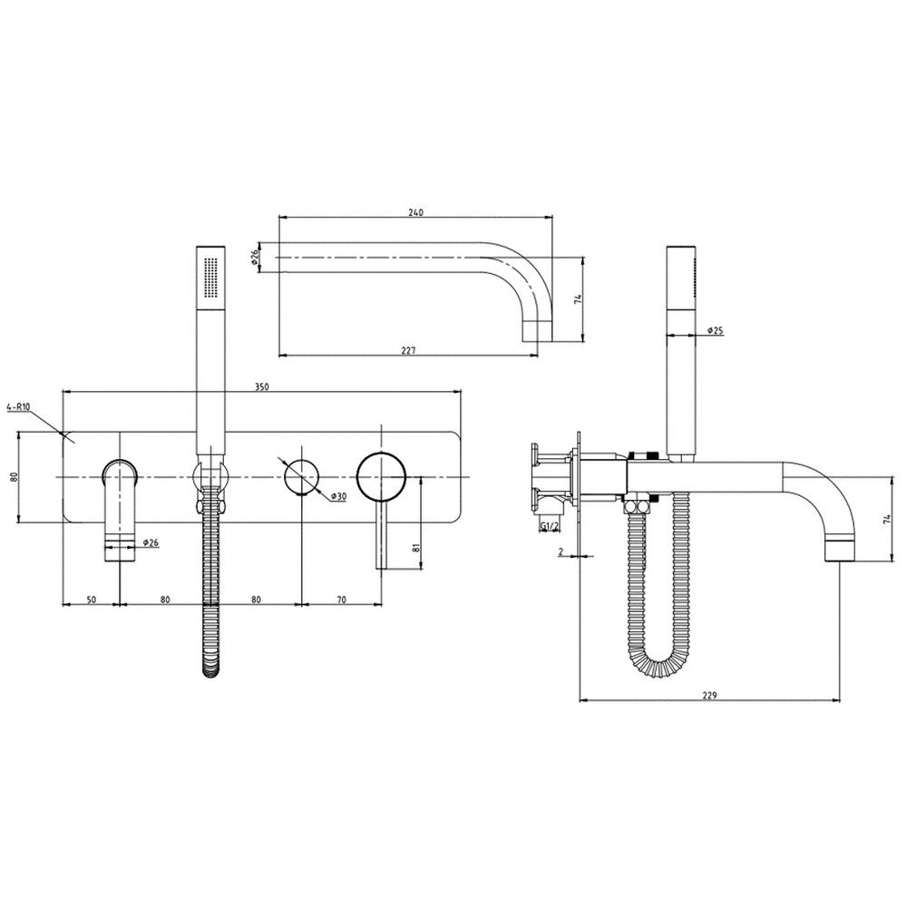 Apress Wall Mounted Bath Shower Mixer & Handset Brushed Brass