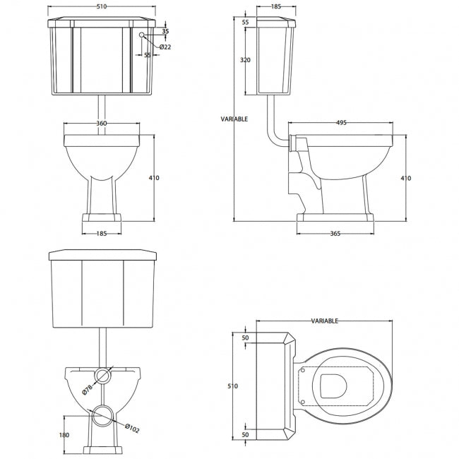Churchwell Low Level Pan with Lever Cistern and Flushpipe - Excluding Seat