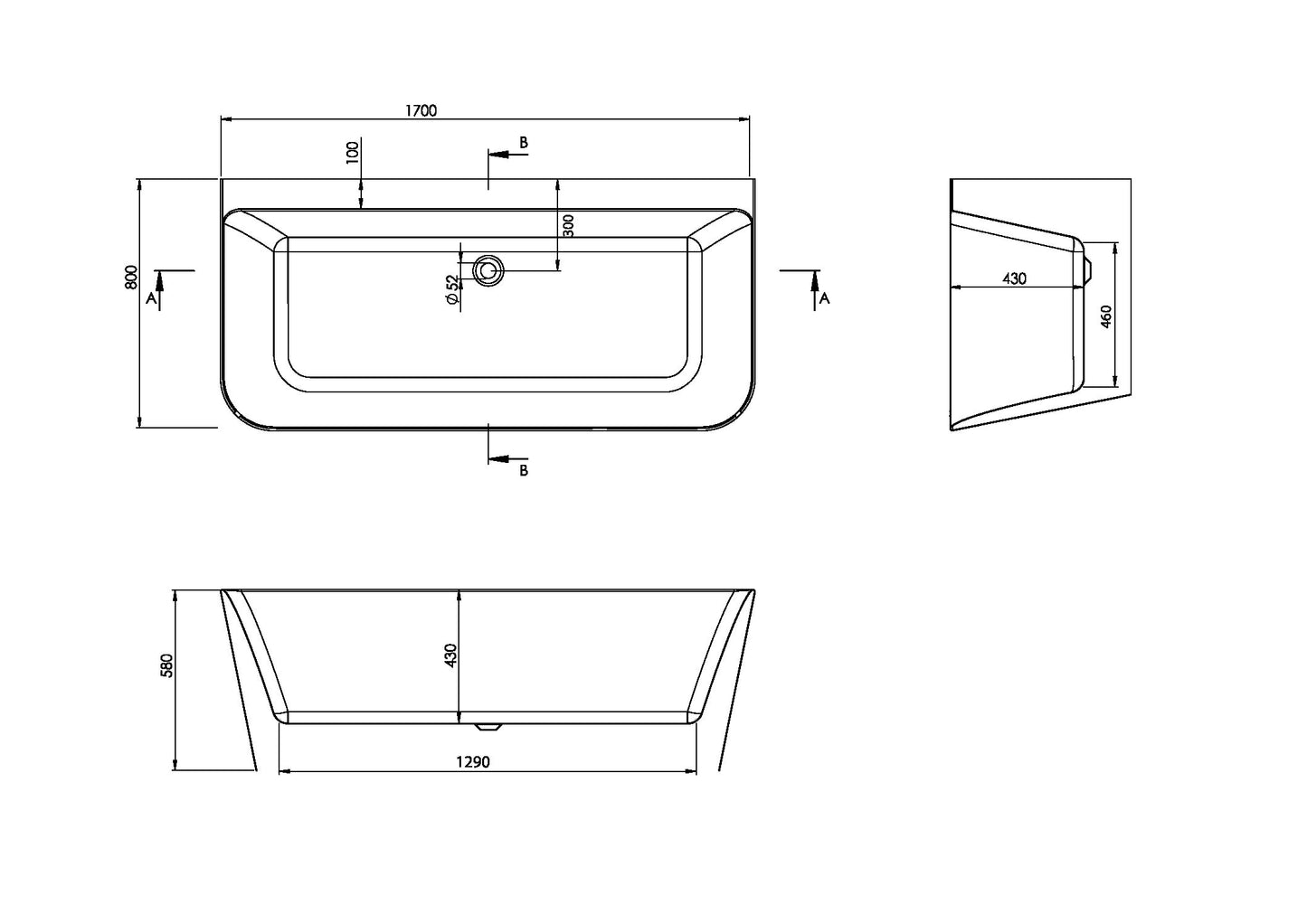 Oporto Back-to-Wall Bath 1700mm
