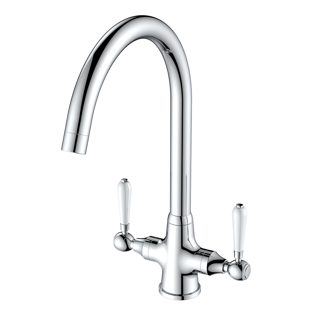 Rochester Chrome Twin Lever White Handle Kitchen Tap Swan Neck