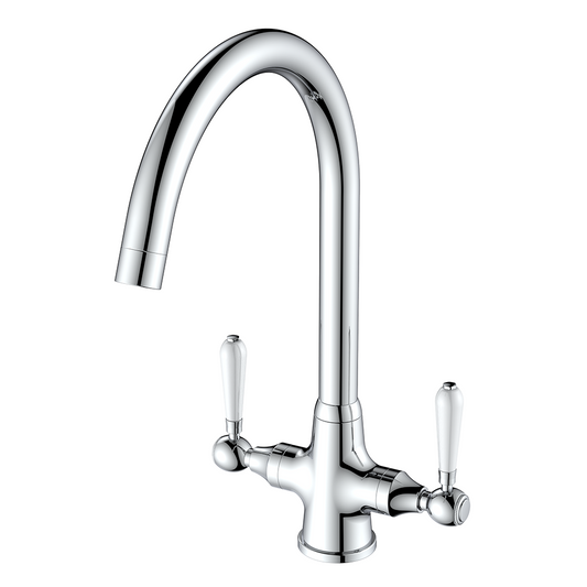Rochester Chrome Twin Lever White Handle Kitchen Tap Swan Neck