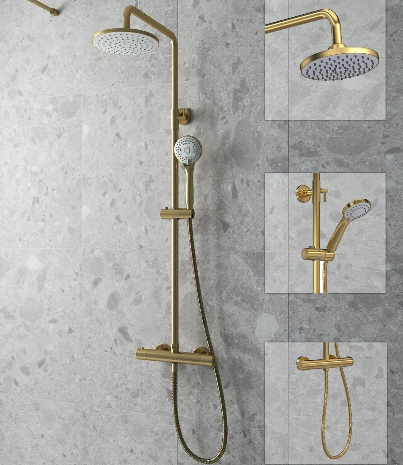 Thermostatic Bar Mixer Shower Kit Rigid Riser Round Brushed Brass Adjustable Bathroom Shower