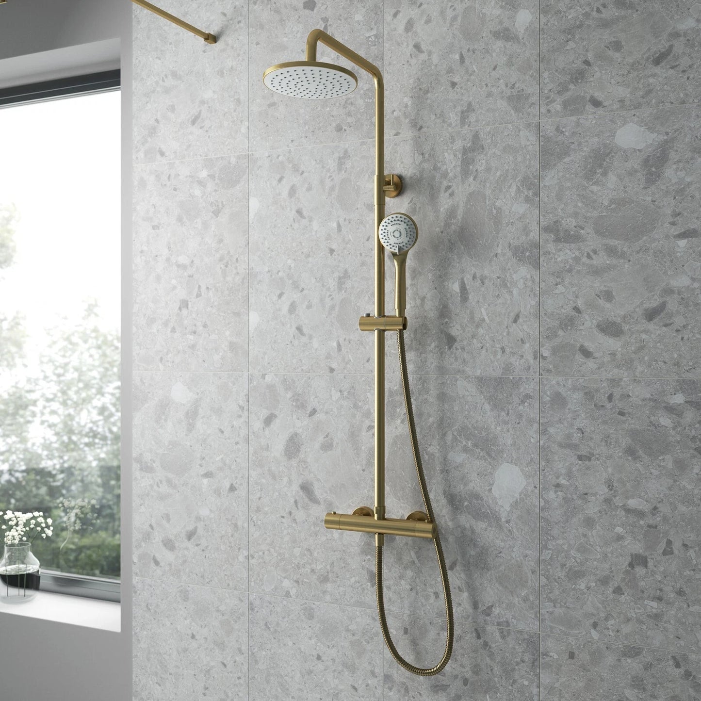 Thermostatic Bar Mixer Shower Kit Rigid Riser Round Brushed Brass Adjustable Bathroom Shower