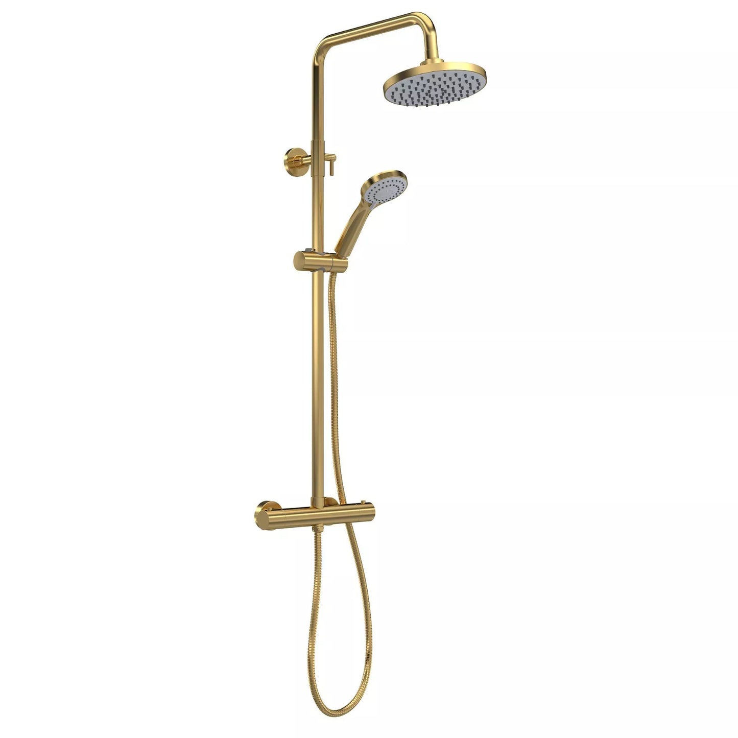 Thermostatic Bar Mixer Shower Kit Rigid Riser Round Brushed Brass Adjustable Bathroom Shower