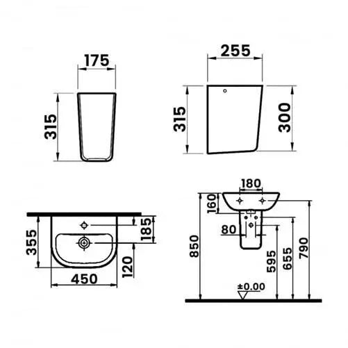 Vitra S20 Cloakroom Basin and Small Semi Pedestal 450mm Wide 1 Tap Hole